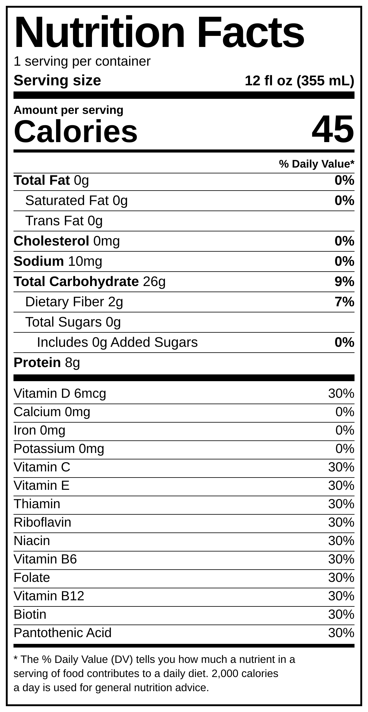 Orange Blast Nutrition Facts: one 12 fl oz bottle, 45 calories, 8g protein, 2g fiber, 0g total and added sugars, 26g total carbohydrate, and 30% Daily Value of each of 11 vitamins.