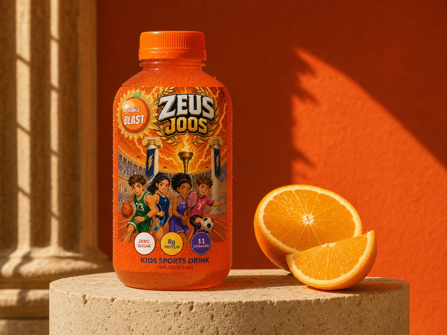 Illustrative Orange Blast bottle artwork with oranges and a classical column